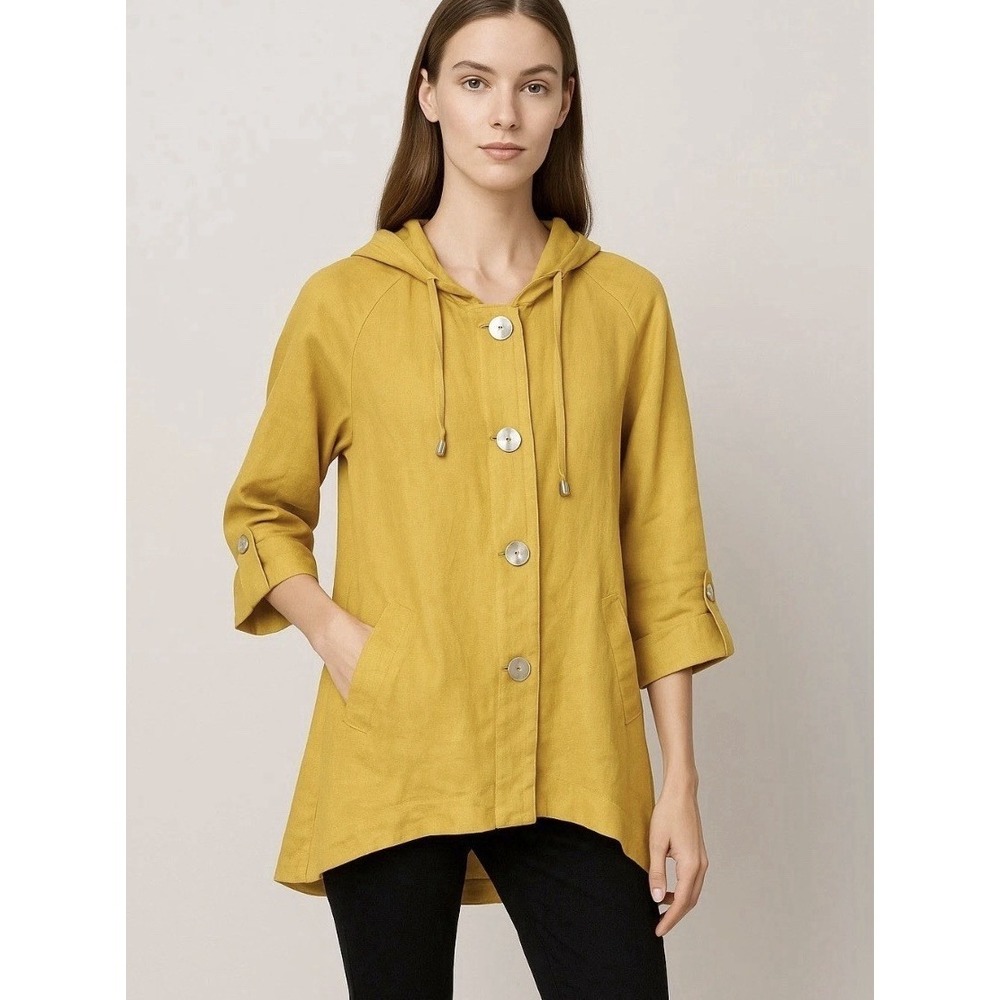 Jones & Co 100% Linen Jacket Poncho Hooded Button‎ Front Swing Lagenlook Sz M